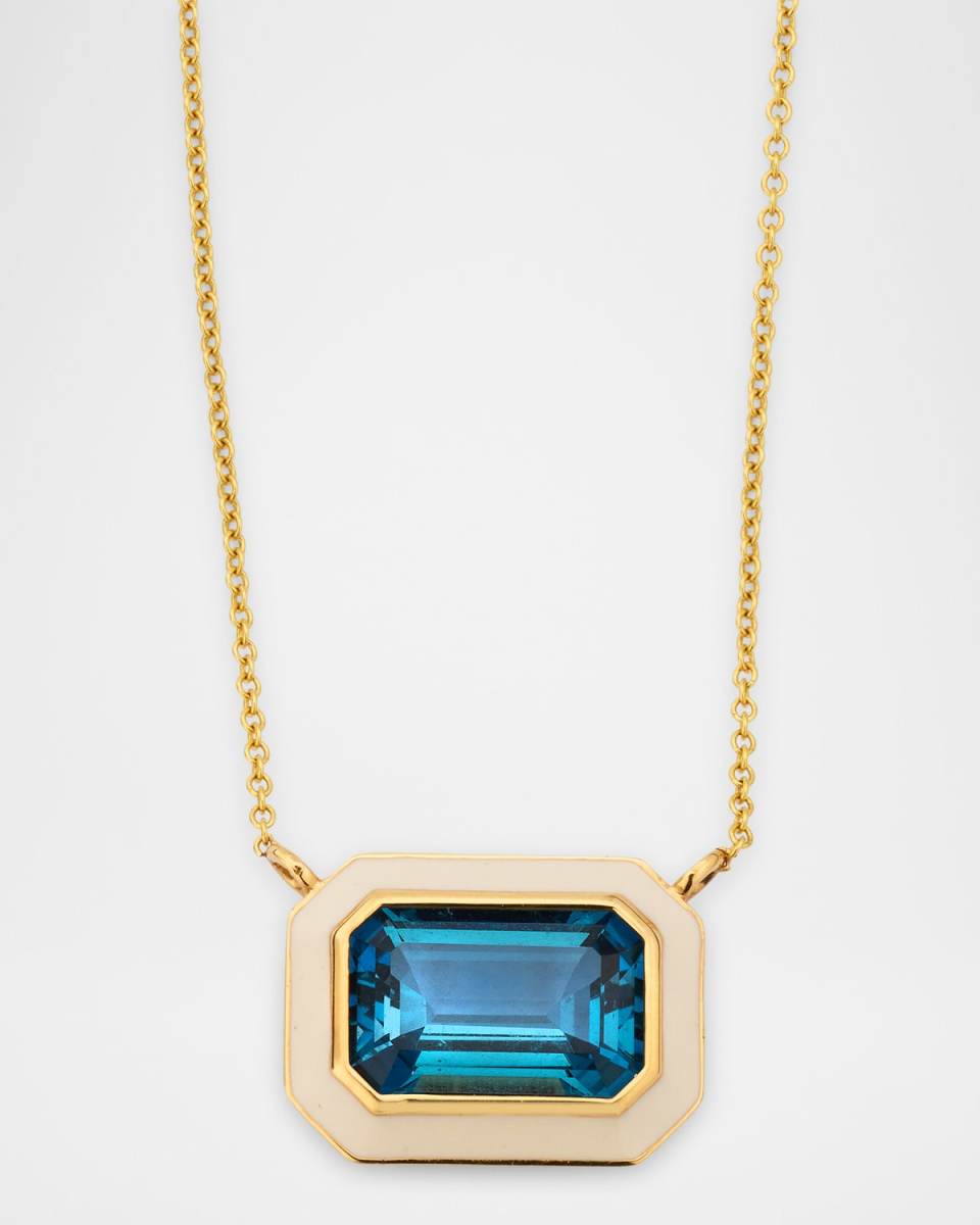 Queen 18K Yellow Gold London Blue Topaz Pendant Necklace with White Enamel